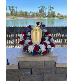 Patriotic Rose Urn Spray. An arrangement by Ricky's Flowers and More.