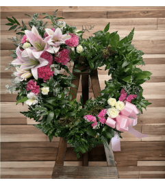 Pink Garden Heart Wreath. An arrangement by Brooklin Floral and Garden Shoppe Inc..