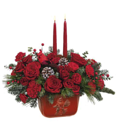 Winter's Flight Centerpiece (Telelfora). An arrangement by North Liberty Flower Shop.