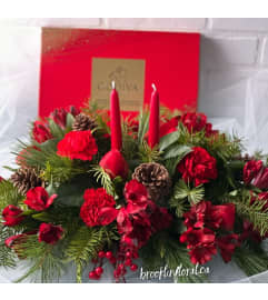 Red Christmas Centrepiece with or without Chocolate. An arrangement by Brooklin Floral and Garden Shoppe Inc.. Red Christmas Centrepiece with or without Chocolate. An arrangement by Brooklin Floral and Garden Shoppe Inc..