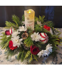 HOME FOR THE HOLIDAYS LED CANDLE BOUQUET. An arrangement by A Loving Touch Florist.
