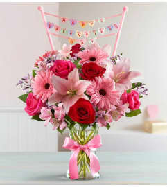 Field of Europe Romance with Banner. An arrangement by Palmetto Gardens Florist.