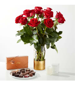 Scarlet Luxe with Chocolates and Candle. An arrangement by Twigs and Blooms Florist.