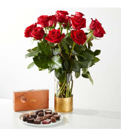 Scarlet Luxe with Chocolates. An arrangement by Twigs and Blooms Florist.
