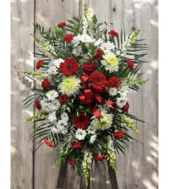 Red and White Standing Spray. An arrangement by DMP Flowers and Gifts.