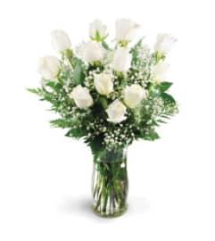 12,18 or 24 White Roses with Baby's Breath in a vase. An arrangement by Deer Valley Florist and Flower Delivery.