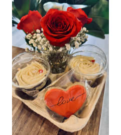Sweetheart Cake Tray with Red Roses. An arrangement by My Secret Garden.