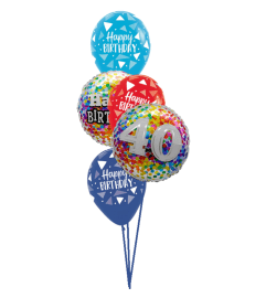 40th Birthday Rainbow Confetti Classic Balloon Bouquet. An arrangement by Balloon Bouquets Plus. 40th Birthday Rainbow Confetti Classic Balloon Bouquet. An arrangement by Balloon Bouquets Plus.