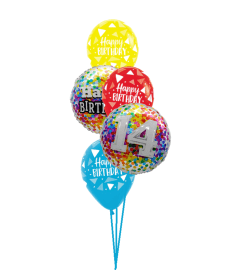 14th Birthday Rainbow Confetti Classic Balloon Bouquet. An arrangement by Balloon Bouquets Plus. 14th Birthday Rainbow Confetti Classic Balloon Bouquet. An arrangement by Balloon Bouquets Plus.