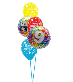 9th Birthday Rainbow Confetti Classic Balloon Bouquet. An arrangement by Balloon Bouquets Plus. 9th Birthday Rainbow Confetti Classic Balloon Bouquet. An arrangement by Balloon Bouquets Plus.