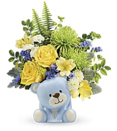 Teleflora's Joyful Blue Bear Bouquet. An arrangement by Love Floral.