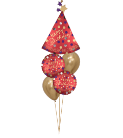 Red Satin Party Hat Happy Birthday Cheerful Balloon Bouquet. An arrangement by Balloon Bouquets Plus. Red Satin Party Hat Happy Birthday Cheerful Balloon Bouquet. An arrangement by Balloon Bouquets Plus.