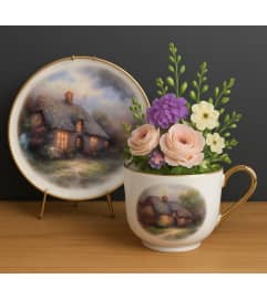 Thomas Kinkade Teacup and Saucer. An arrangement by Tom's Florist.
