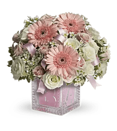 Baby's First Block Pink. An arrangement by Elegant Florist. Baby's First Block Pink. An arrangement by Elegant Florist.