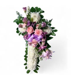 Blush Harmony Cross Stand. An arrangement by Cinderella's Flowers.