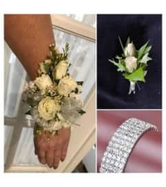 Perfect Pair Roses Wristlet and Boutonierre. An arrangement by In Bloom.