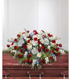 Patriotic casket cover. An arrangement by Timp Valley Floral.