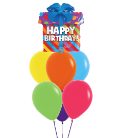 Happy Birthday Presents Colourful Awesome Balloon Bouquets. An arrangement by Balloon Bouquets Plus.