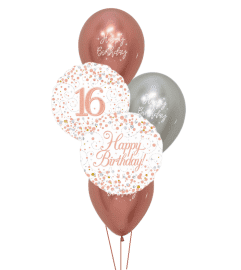 Sparkling Fizz 16th Birthday White and Rose Gold Classic Balloon Bo. An arrangement by Balloon Bouquets Plus. Sparkling Fizz 16th Birthday White and Rose Gold Classic Balloon Bo. An arrangement by Balloon Bouquets Plus.