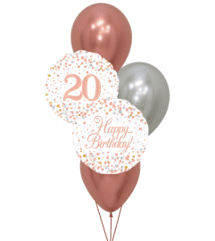 Sparkling Fizz White and Rose Gold 20th Birthday Colourful Classic. An arrangement by Balloon Bouquets Plus. Sparkling Fizz White and Rose Gold 20th Birthday Colourful Classic. An arrangement by Balloon Bouquets Plus.