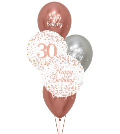Sparkling Fizz 30th Birthday White and Rose Gold Classic Balloon Bo. An arrangement by Balloon Bouquets Plus. Sparkling Fizz 30th Birthday White and Rose Gold Classic Balloon Bo. An arrangement by Balloon Bouquets Plus.
