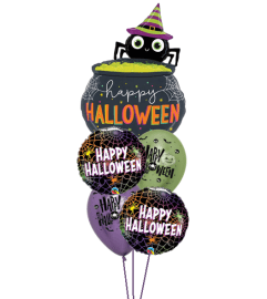 Halloween Spider Web Cauldron Cheerful Balloon Bouquet. An arrangement by Balloon Bouquets Plus.