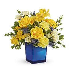 Golden Blue Bouquet TEV70-4A. An arrangement by Jennifer's Flowers and Gifts.