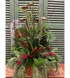 Outdoor Winter Greenery Arrangement. An arrangement by Forest Florist. Outdoor Winter Greenery Arrangement. An arrangement by Forest Florist.