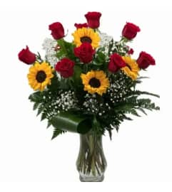 Classic Dozen Roses and Sunflowers. An arrangement by Aventura Glamour Flowers. Classic Dozen Roses and Sunflowers. An arrangement by Aventura Glamour Flowers.
