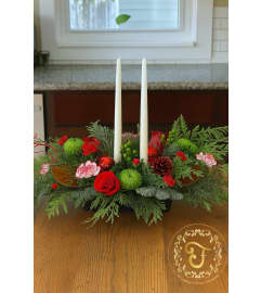 By the Fire Winter Centerpiece. An arrangement by Roma James Gifts.