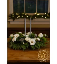 Silver Sentiments Holiday Centerpiece. An arrangement by Lori's Hearts and Flowers.