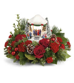 Thomas Kinkade's Sweet Sounds of Christmas. An arrangement by Very's Flowers.