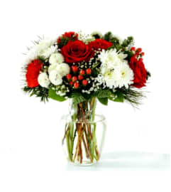 Crimson and Snowfall Delight. An arrangement by Julie's Artistic Rose.