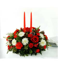 Crimson Candlelight Centerpiece. An arrangement by Julie's Artistic Rose.