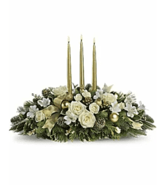 Gold Elegancia Holiday Centerpiece. An arrangement by Brickell Ave Florist. Gold Elegancia Holiday Centerpiece. An arrangement by Brickell Ave Florist.