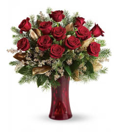 A Christmas Dozen Roses. An arrangement by Gallery Flower Shop N Services.