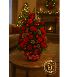 Crimson Noël Boxwood Tree. An arrangement by Lori's Hearts and Flowers.