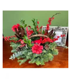 Cardinal Christmas Basket. An arrangement by Sunny Day Blossoms Design Studio.