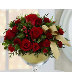 Golden Christmas Centerpiece. An arrangement by Brickell Ave Florist.