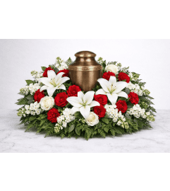 Graceful Remembrance Urn Display. An arrangement by Kitchener-Waterloo Florist.