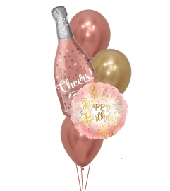Cheers Bottle Rose Gold Birthday Classic Junior Balloon Bouquet. An arrangement by Balloon Bouquets Plus. Cheers Bottle Rose Gold Birthday Classic Junior Balloon Bouquet. An arrangement by Balloon Bouquets Plus.
