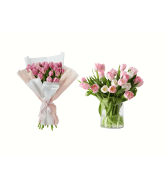 Blushing Tulips Wrap OR VASE. An arrangement by La Bolsa Rosa.