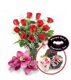 Dozen Red Roses and Gourmet Dipped Strawberries Gift Box. An arrangement by Appleblossoms Flowers, Gifts and More.