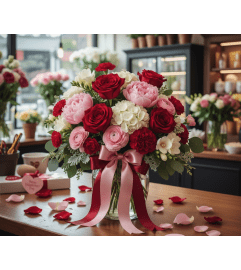 DMP's Choice VDAY Bouquet w/Vase (Florist Selected, Designs Vary). An arrangement by DMP Flowers and Gifts.