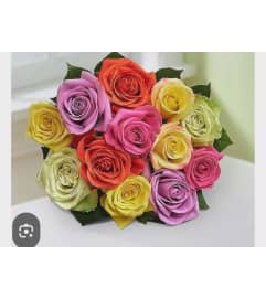 2 DOZ ASSORTED ROSES BOUQUET WRAPPED. An arrangement by KW Flowers.
