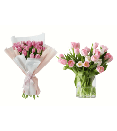 Blushing Tulips Wrap OR VASE. An arrangement by La Bolsa Rosa.