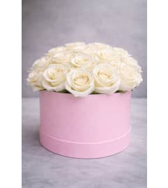 White roses in box. An arrangement by Grower's Flower Market and Gifts.