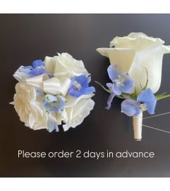 White and Blue Duo. An arrangement by Violeta's Flower Shop.