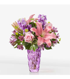 Precious Petals Bouquet with Luxe Swirl Vase. An arrangement by Serrano Flowers.