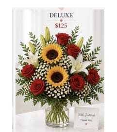 RED ROSE SUNFLOWER ARRANGEMENT. An arrangement by EverBlooming Luxe Designs. RED ROSE SUNFLOWER ARRANGEMENT. An arrangement by EverBlooming Luxe Designs.
